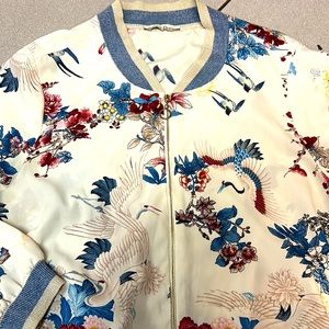 Vtg Rare Scarlet Roos bomber jacket Asian cranes birds flowers pocket France S
